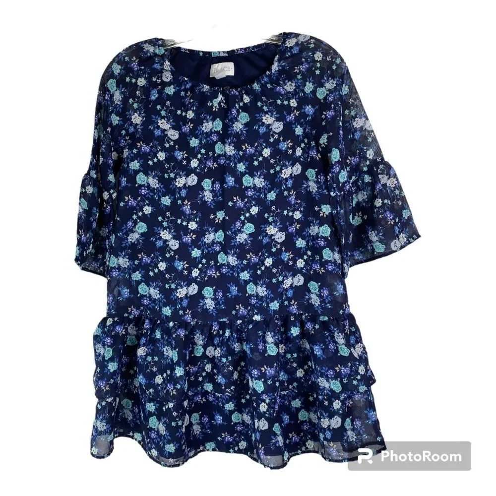 5/$25 Children’s Place Blue Floral Sheer Bell Flare Sleeves Tiered Overlay Lined